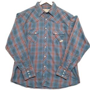 Wrangler Wrancher Men XL Pearl Snap Shirt Long Sleeve Blue Plaid Double Pockets